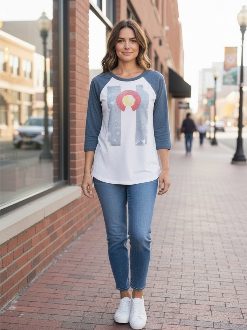 Colorado Flag Distressed Graphic Raglan Baseball Tee, Bella+Canvas, Size S